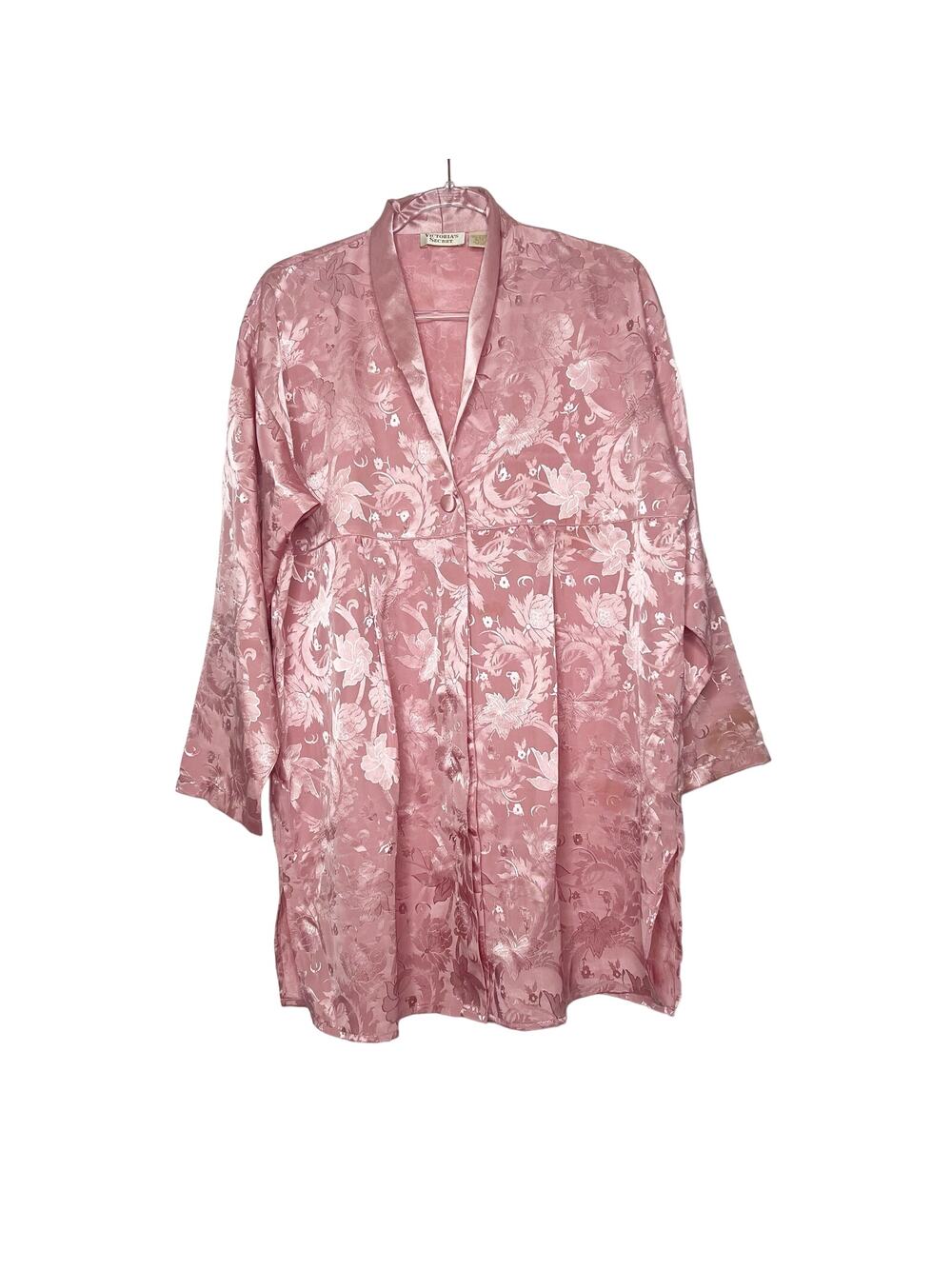 VICTORIA'S SECRET Long Sleeve Button Up Satin Sleep Dress Jacquard Floral Pink M
